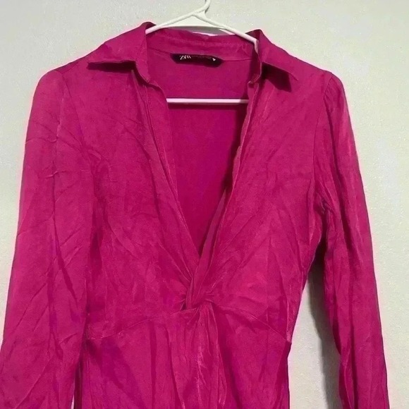 ZARA Pink Satin Twist Front Long Sleeve Shirt Dress Mini sz XS - Picture 4 of 5